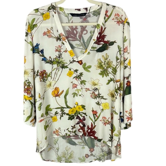 Zara Floral Cream and Yellow Relaxed Blouse Size Large - Picture 1 of 8